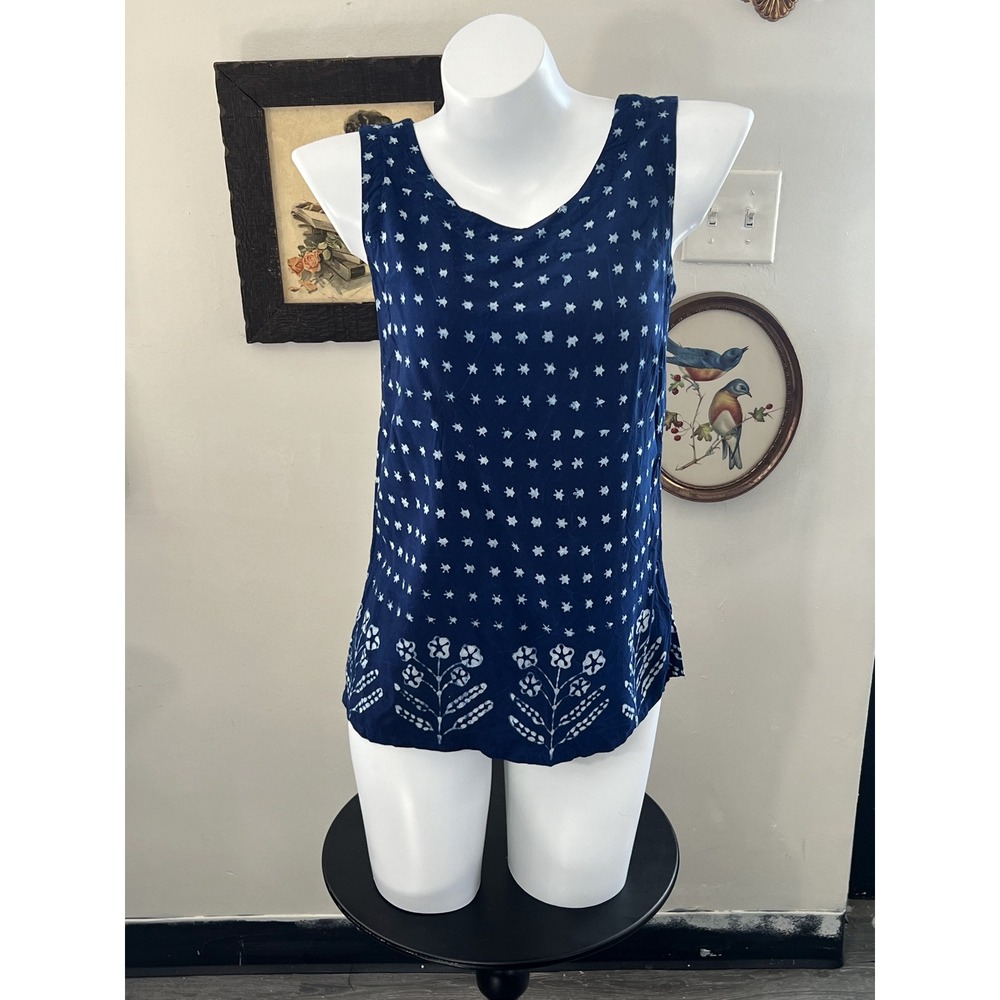 Fabindia Indigo Blue White Star Floral Block Print Cotton Tank Top Small